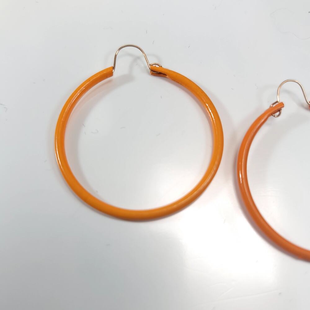 Vintage Orange Hoop Earrings with Rose Gold Accents, Bold Statement Jewelry